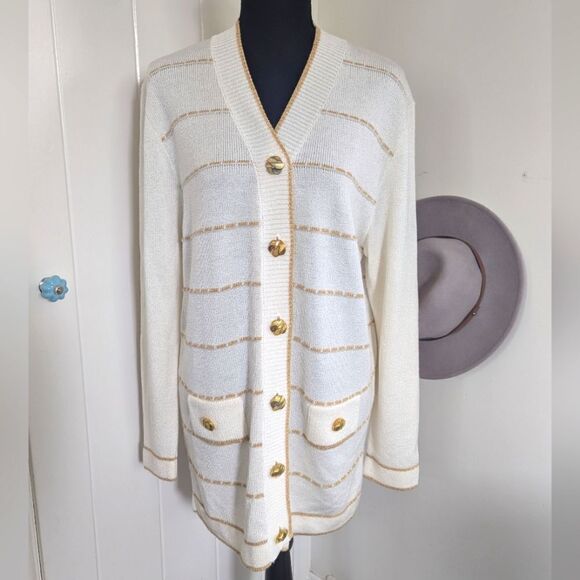 VTG Ami Knits Cardigan 14 Striped Gold Preppy Nostalgiacore Coastal Grandma - Picture 1 of 9